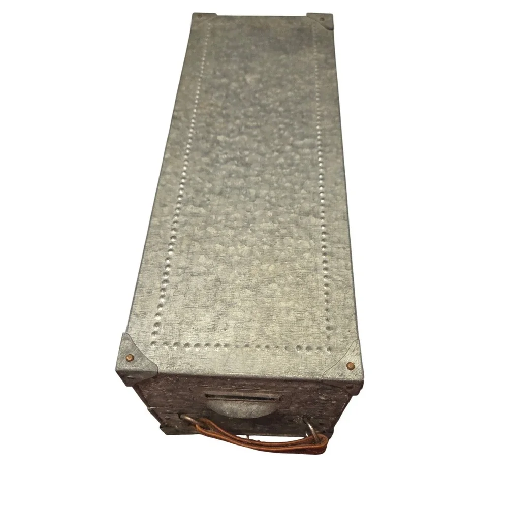 Vintage Galvanized Metal Industrial Storage Box Slanted Lid Leather Handle
